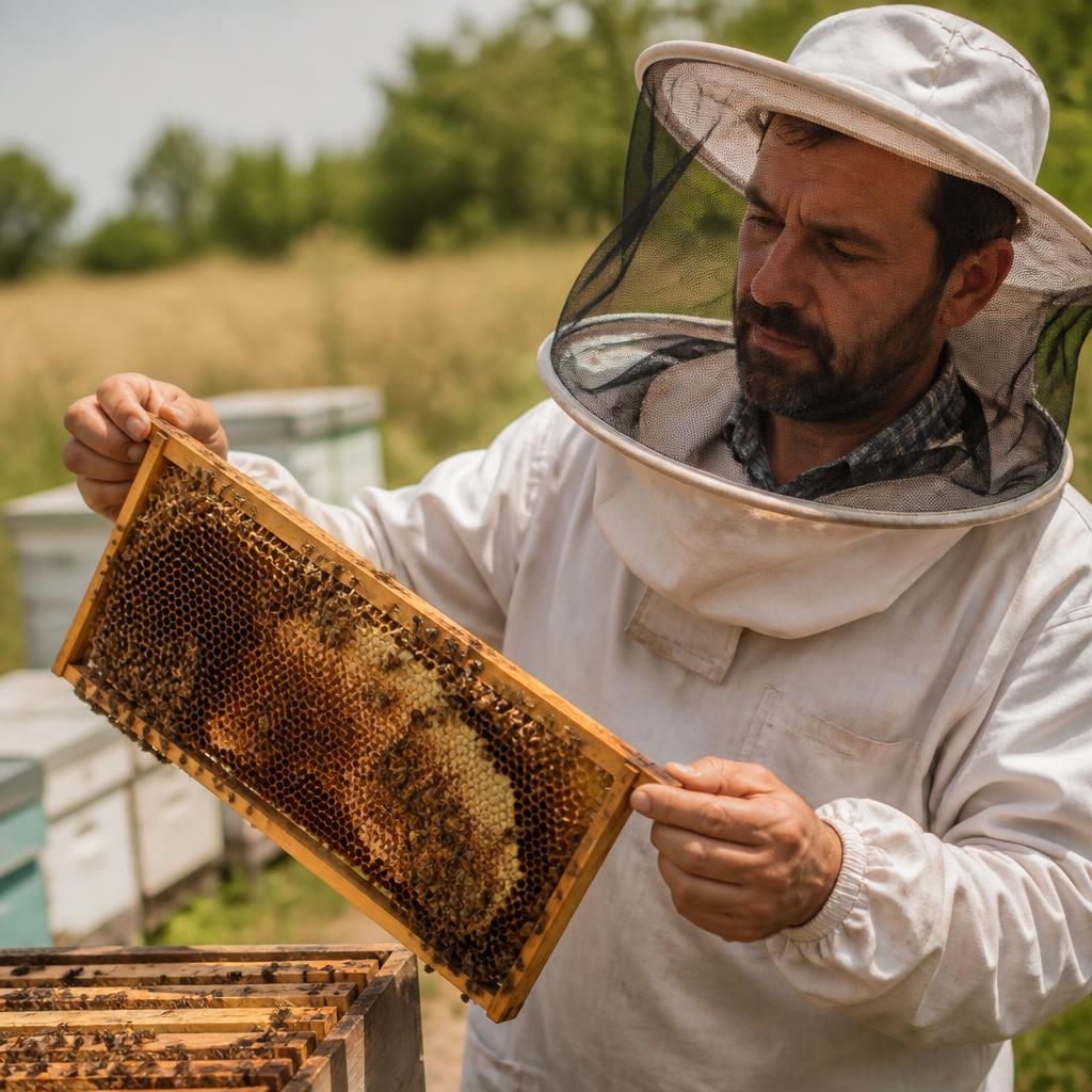 Beekeeper carefully inspecting a honey frame from a beehive